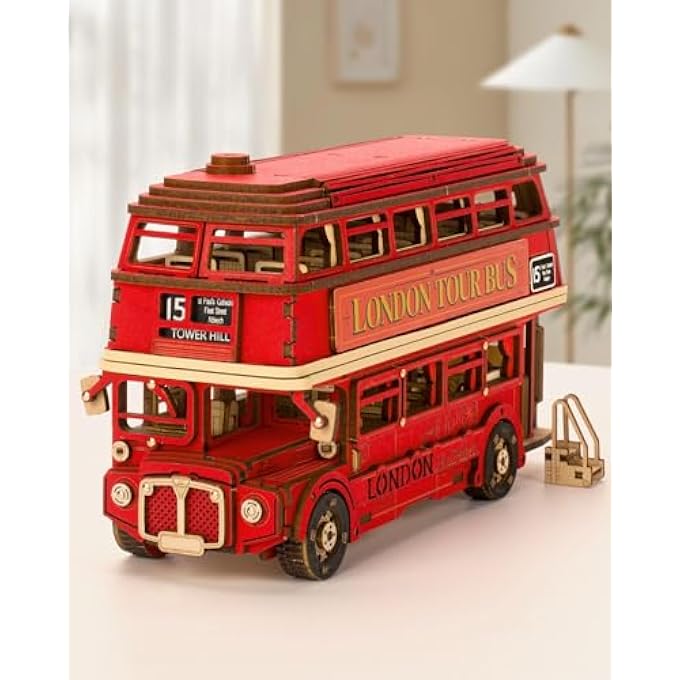 3D PUZZLE WOODEN LONDON TOUR BUS RETRO MODEL KIT FOR ADULTS TO BUILDING, BUILD YOUR OWN WOODEN KIT, CREATIVE GIFT FOR BIRTHDAY AND CHRISTMAS - Image 1